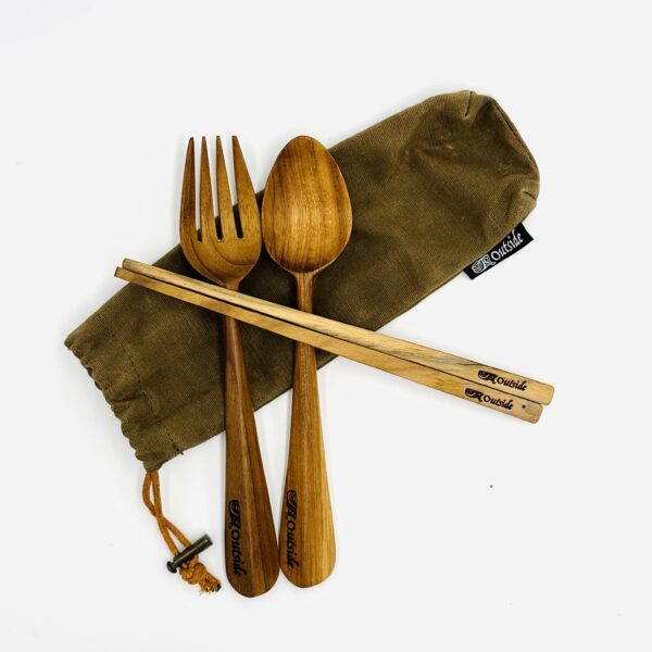 Teakwood Cutleries Set c/w Fork Spoon and Chopsticks with Canvas Pouch - Image 2