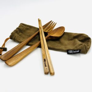 Teakwood Cutleries Set c/w Fork Spoon and Chopsticks with Canvas Pouch