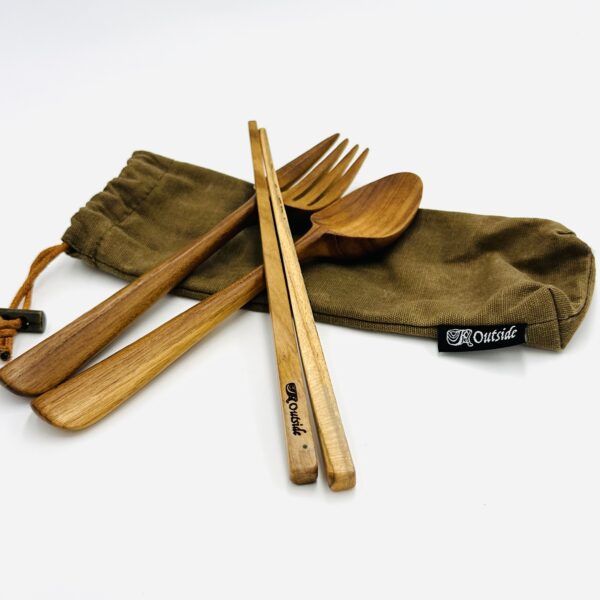 Teakwood Cutleries Set c/w Fork Spoon and Chopsticks with Canvas Pouch