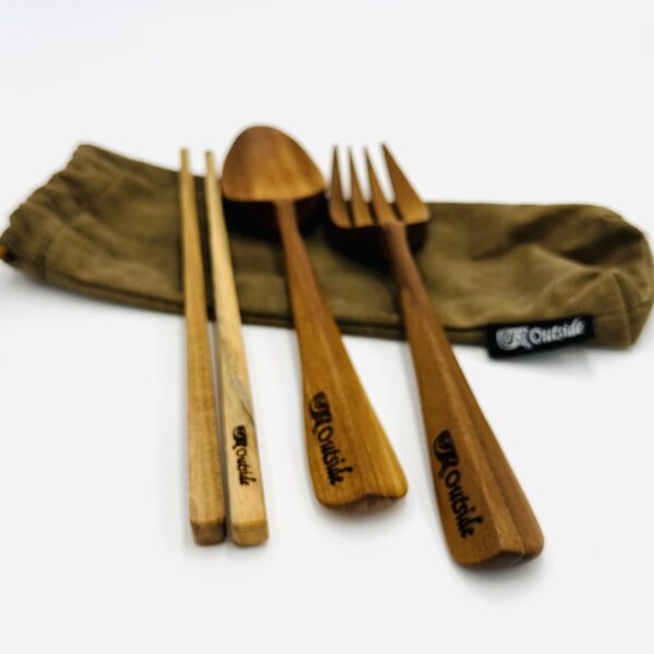 Teakwood Cutleries Set c/w Fork Spoon and Chopsticks with Canvas Pouch - Image 3